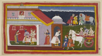 Lisää 15296 (1) f.41r, Saatuaan lopulta äitinsä ja veljensä hyväksymään hänen kohtalonsa rauhallisesti, Rama ja Laksmana palaavat omaan palatsiinsa vaunuissa. Raman pää kumarsi tavanomaisessa nöyryydessä. Heidät kohtaa Sita, joka on ensin näkinyt hänet u tekijältä Indian School