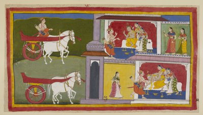 Lisää 15296 (1) f.72r, Vasemmalla Sumantra palaa Ayodhyaan ja astuu palatsiin antaakseen Raman viimeisen viestin kuninkaalle, joka istuu Kausalya ja Sumitra viereensä. Kuningas kaatuu ja Sumantra ja kuningattaret saavat hänet kiinni. tekijältä Indian School