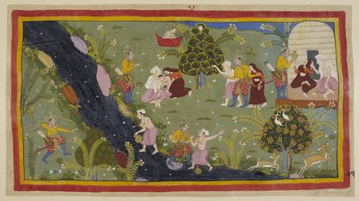 Lisää 15296 (1) f.79r, Dasaratha kertoo kuningattareille tapauksesta nuoruudessaan, kun hän tappoi vahingossa viisaan pojan metsästäessään. Vasemmalla Dasaratha kohdistaa jousella vahingossa puiden läpi nuorta kohti, joka täyttää vesikannuaan toisella tekijältä Indian School