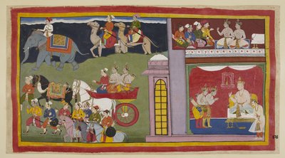 Lisää 15296 (1) f.84r, Yläkammiossa olevat sanansaattajat käskevät ruhtinaita palata Ayodhyaan. Alla valtaistuinsalissa, matkaa varten pukeutuneena, prinssit jättävät jäähyväiset kuningas Kaikeyille ja hänen pojalleen Yudhajitille. He istuvat vaunuihin m:n tekijältä Indian School