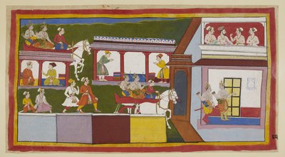 Lisää 15296 (1) f.85r, Prinssit vaunuissaan ajavat Ayodhyan pääkadun läpi ihmetellen kaupungin muutosta sen jälkeen, kun he lähtivät siitä, ja astuvat sitten palatsiin kyselevin elein. Ylähuoneessa kokoontuvat brahmini ja kolme ministeriä tekijältä Indian School