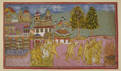 Lisää 15296 (2) f.25r, Valkoisella peitetty Balin ruumis tuodaan palatsista kupolipuussa ja liputussa palankiinassa ja kulutetaan hautajaispyrstössä Sugrivan ja Angadan johtaessa hautajaisriittejä. tekijältä Indian School
