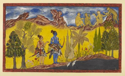 Lisää 15296 (2) f.2r, Rama ja Laksmana etsiessään epätoivoisesti siepattua Sitaa ovat tulleet Pampa-järvelle, joka on lootuksen peittämä ja kukkivien puiden ympäröimä. On kevätkausi ja paritusbi muistuttaa jatkuvasti Ramaa tekijältä Indian School