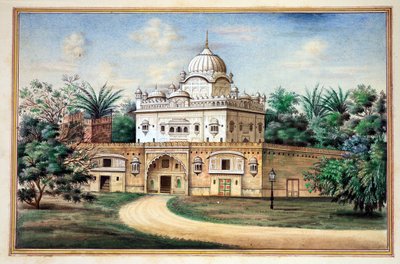 Akali Temple Amritsar, kirjasta The Kingdom of the Punjab, its Rulers and Chiefs, osa II, 30 akvarellitutkimuksen osio tunnistamattomalta intialaiselta taiteilijalta, n. 1840 (wc paperilla) tekijältä Indian School