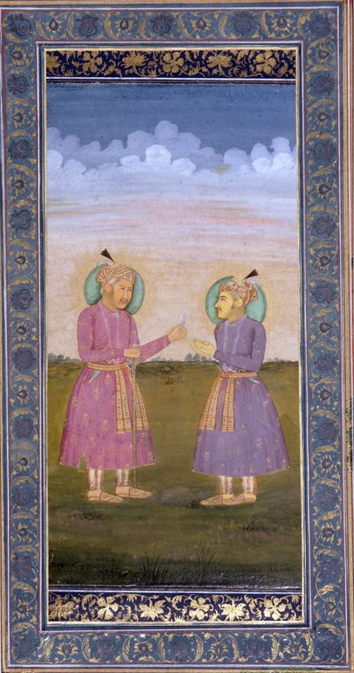 Akbar ojentaa jalokivihöyhenen pojalleen Jahangirille, n. 1845 (läpinäkymätön wc ja kultaa paperilla) tekijältä Indian School