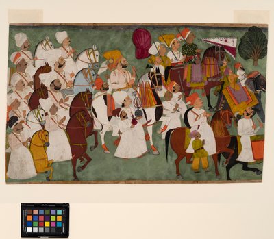 Akhi Singh ratsastaa seurueensa kanssa, n. 1750 (läpinäkymätön akvarelli ja kulta paperilla) tekijältä Indian School