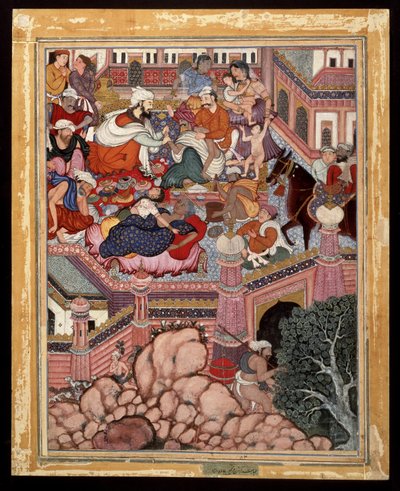 Amr, naamioitunut Mazmahiliksi kirurgiksi, harjoittelee kekseliäisyyttä Antalin velhoissa, n. 1570 (läpinäkymätön akvarelli ja kulta puuvillalla) tekijältä Indian School