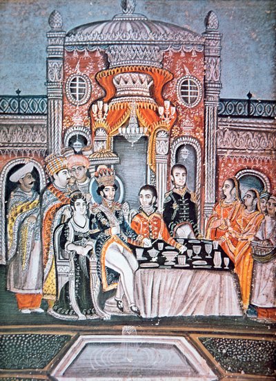 Intian prinssi viihdyttää brittiläisiä virkamiehiä, n. 1810 (guassi paperilla) tekijältä Indian School