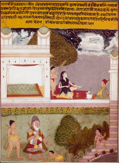 Askeetti kuuntelee musiikkia intialaisen koulun pienoispalatsin terassilla, noin 1760. Yksityiskokoelma tekijältä Indian School