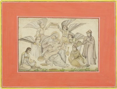 Enkelit osallistuvat Mariaan ja Jeesukseen, n. 1665 (läpinäkymätön wc ja kultaa paperilla) tekijältä Indian School