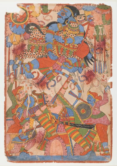 Arjunas sankarityö taistelussa, Mahabharata-sarjasta, n. 1830–1850 (muste ja väri paperille) tekijältä Indian School