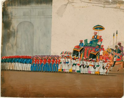 Intialainen taide: sulttaani norsullaan (sulttaani ratsastaa norsulla) Guassi noin 1800 Dim 18,6x23,5 cm Yksityinen kokoelma tekijältä Indian School