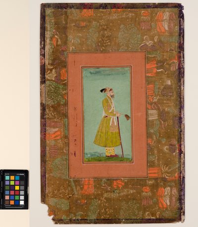 Aurangzeb kädessään perhovispilä, n. 1680 (läpinäkymätön akvarelli ja kulta paperille, kiinnitetty albumin sivulle) tekijältä Indian School