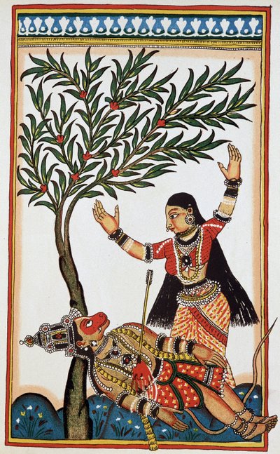 Bali tapettiin nuolella, hänen vieressään Tara hänen vaimonsa, litho kahdeksastoista. tekijältä Indian School
