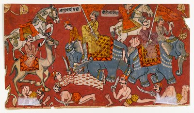 Taistelukohtaus Bhagavata Purana -sarjasta, n. 1625-1650 (akvarelli ja kulta paperille) (versio 499329) tekijältä Indian School