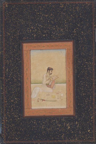 Taidemaalari Behzad silmälaseilla (mustetta, väriä ja kultaa paperilla) tekijältä Indian School