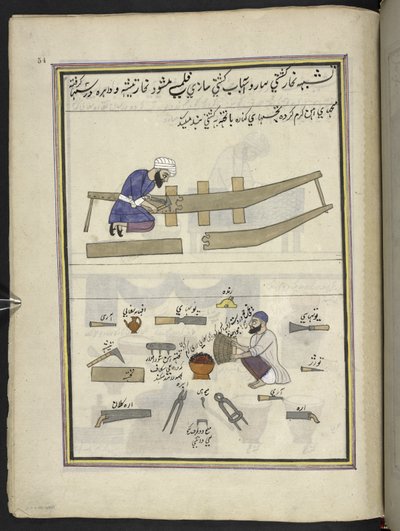 Veneen rakentajat,  86 niteeseen sidottua piirustusta, jotka kuvaavat ammatteja ja ammatteja Kashmirissa, käsityöläiset ovat esillä työssään työvälineineen ja laitteineen,  Kashmirin taiteilija, luultavasti Srinagarissa, n. 1850-60 (guassi paperilla) tekijältä Indian School
