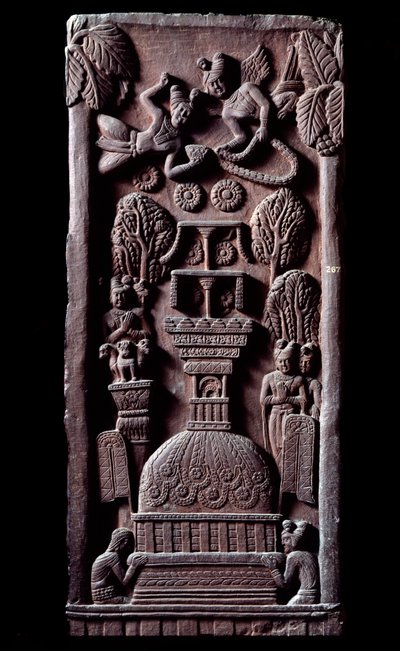 Buddhalaisuus: "" Mahaparinirva a ou parinirvana, Buddhan maallisen olemassaolon loppu, nirvanan saavuttaminen" (Parinirvana, lopullinen nirvana, joka tapahtuu Buddhan ruumiin kuoleman jälkeen) yksityiskohta du stupa de Bharhut (Barhut, Barouth) Matala koh tekijältä Indian School