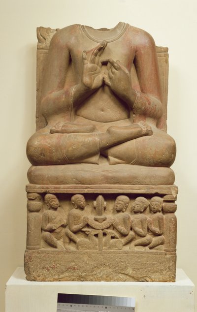 Buddhan kaiverrus saarnan asenteessa, Sarnath, Uttar Pradesh, 5. vuosisata (hiekkakivi) tekijältä Indian School
