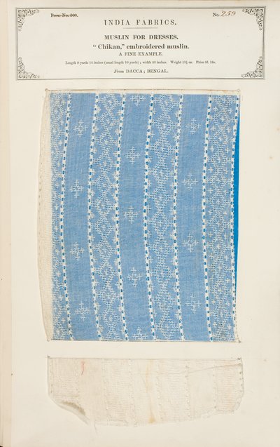 Chikan-kirjailtu musliininäyte Daccasta Bengalista, kokoelmasta The Collection of the Textile Manufacturers of India, John Forbes Watson, julkaistiin vuonna 1866 tekijältä Indian School
