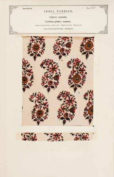Karkea puuvillaprinttinäyte Masulipatamilta Madrasista, kokoelmasta The Collection of the Textile Manufacturers of India, kirjoittanut John Forbes Watson, julkaistu vuonna 1866 tekijältä Indian School