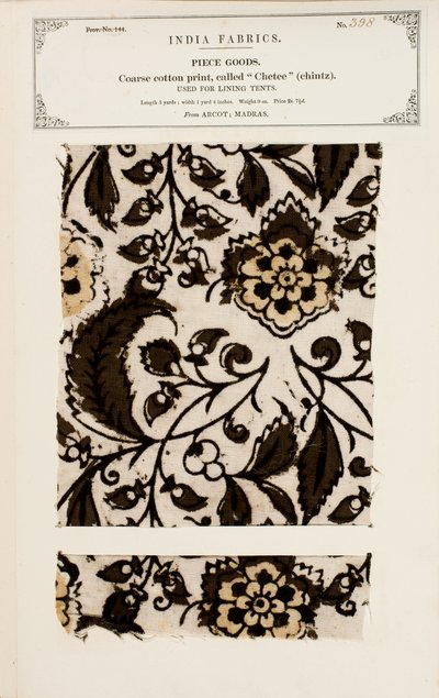 Karkea puuvillanäyte chetee (chintz) -kuviolla Arcotilta Madrasista, kokoelmasta The Collection of the Textile Manufacturers of India, John Forbes Watson, julkaistiin vuonna 1866 tekijältä Indian School