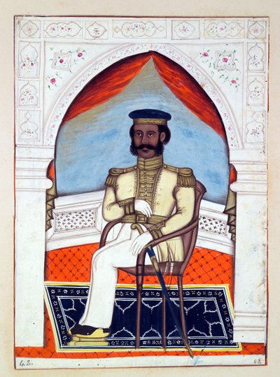 Eversti Dhunkal Singh, kirjasta Punjabin kuningaskunta, sen hallitsijat ja päälliköt, osa II, 30 akvarellitutkimuksen osio tuntemattomalta intialaiselta taiteilijalta, n. 1840 (wc paperilla)d tekijältä Indian School