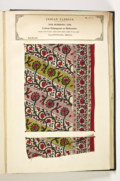 Cotton Palempore tai Bed Cotton, Fatehgarh, Uttar Pradesh, Intia, Kotitalouskäyttöön, nro 152 "The Collection of the Textile Manufacturers of India", kirjoittanut John Forbes Watson, julkaistu vuonna 1866 tekijältä Indian School