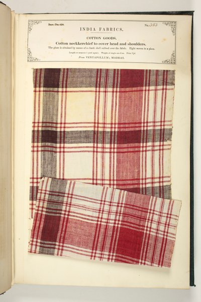 Puuvillainen kaulahuivi pään ja hartioiden peittoon Madrasin Ventapollumista, John Forbes Watsonin teoksesta The Collection of the Textile Manufacturers of India, julkaistu vuonna 1866 (sekoitettu media) tekijältä Indian School
