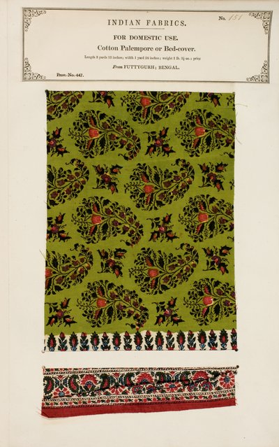 Puuvillapalempore tai sängynpeitenäyte Futtygurghista Bengalista, kokoelmasta The Collection of the Textile Manufacturers of India, kirjoittanut John Forbes Watson, julkaistu vuonna 1866 tekijältä Indian School
