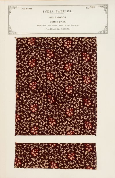 Puuvillaprinttinäyte Bellarysta Madrasissa, kokoelmasta The Collection of the Textile Manufacturers of India, kirjoittanut John Forbes Watson, julkaistu vuonna 1866 tekijältä Indian School