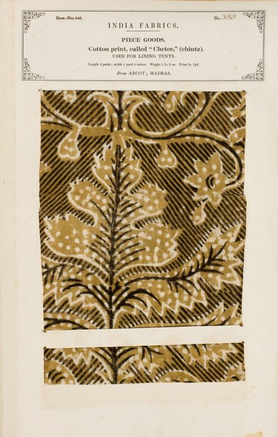 Puuvillanäyte chetee (chintz) -printillä Arcot in Madrasista, kokoelmasta The Collection of the Textile Manufacturers of India, kirjoittanut John Forbes Watson, julkaistu vuonna 1866 tekijältä Indian School
