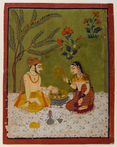 Pari istuu puun alla, n. 1700 (wc ja kultaa paperilla) tekijältä Indian School