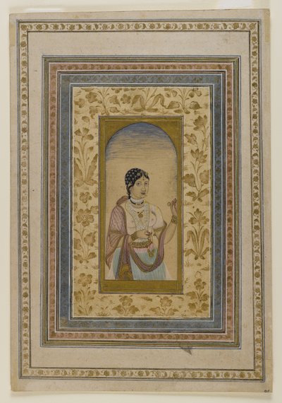 Kurtisaani ikkunassa, 1700-luku (wc-, kulta- ja tussivärejä paperille). tekijältä Indian School
