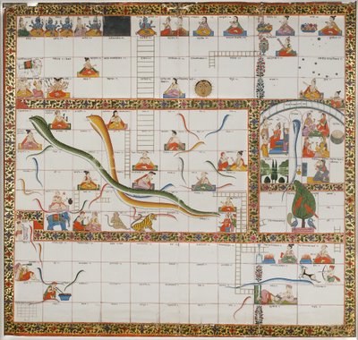 Suunnittelu Snakes and Ladders -peliin, 1800 (guassi kankaalle kiinnitetylle paperille) tekijältä Indian School