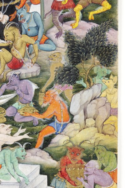 Yksityiskohta Demons in a Wild Landscapesta, n. 1600 (läpinäkymätön wc ja kultaa paperilla) tekijältä Indian School