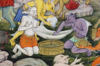 Yksityiskohta Demons in a Wild Landscapesta, n. 1600 (läpinäkymätön wc ja kultaa paperilla) tekijältä Indian School
