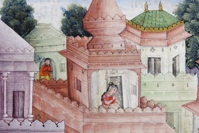 Yksityiskohta Krishna Cleaves the Demon Narakasura -levystä, n. 1585-1590 (läpinäkymätön wc ja kultaa paperilla) tekijältä Indian School