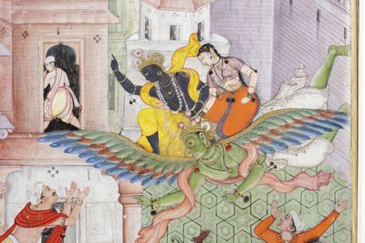 Yksityiskohta Krishna Cleaves the Demon Narakasura -levystä, n. 1585-1590 (läpinäkymätön wc ja kultaa paperilla) tekijältä Indian School