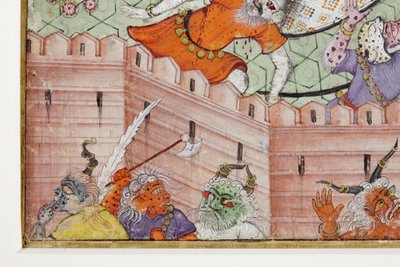 Yksityiskohta Krishna Cleaves the Demon Narakasura -levystä, n. 1585-1590 (läpinäkymätön wc ja kultaa paperilla) tekijältä Indian School
