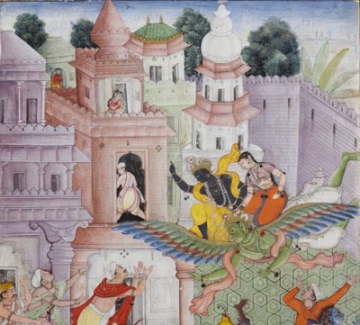 Yksityiskohta Krishna Cleaves the Demon Narakasura -levystä, n. 1585-1590 (läpinäkymätön wc ja kultaa paperilla) tekijältä Indian School