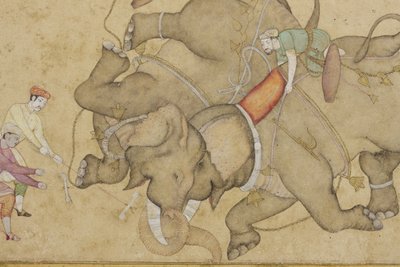 Yksityiskohta norsutaistelusta, reunustettu kukka-arabeski, n. 1610 (läpinäkymätön wc ja kultaa paperilla) tekijältä Indian School