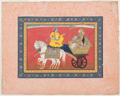 Vuoropuhelu Krishnan ja Arjunan välillä Kurukshetran taistelukentällä, n. 1820 (läpinäkymätön akvarelli ja kulta paperilla) tekijältä Indian School