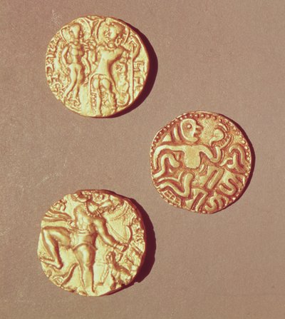 Kumargupta I (425-454) Chandragupta I (320-335) ja Sri Rajray (kulta) dinaarit tekijältä Indian School