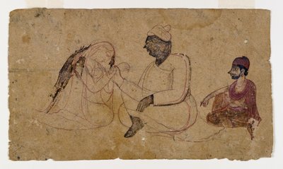Piirustus kolmesta istuvasta hahmosta, n. 1750 (muste ja väri paperille) tekijältä Indian School