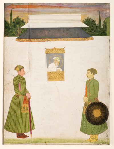 Keisari Aurangzeb jharokha-ikkunan ääressä, etualalla kaksi aatelismiestä, n.1710 (läpinäkymätön wc-kulta paperille). tekijältä Indian School
