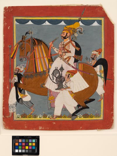 Ratsastaja Raja Bhim Singh, vesipiippu ja palvelijat, n. 1820 (läpinäkymätön w/c, kultaa ja hopeaa paperilla) tekijältä Indian School