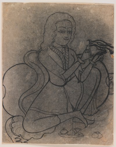 Eurooppalainen tyttö ruokkimassa papukaijaa, n. 1780 (muste paperille, syöksytty siirtoa varten) tekijältä Indian School