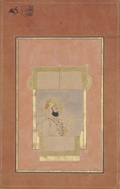 Farrukh Siyyar istuu ikkunalla, kädessään kultainen sarpech, n. 1715 (läpinäkymätön wc ja kultaa paperilla) tekijältä Indian School