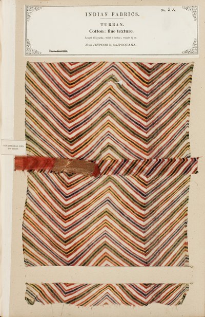 Hieno puuvillaturbaaninäyte Jeypoorista Rajpootanassa, kokoelmasta The Collection of the Textile Manufacturers of India, kirjoittanut John Forbes Watson, julkaistu vuonna 1866 tekijältä Indian School